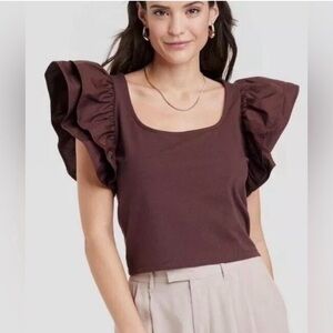 a new day Women's Crop Top with Ruffled Sleeves in Plum
